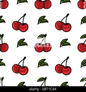 Un motif vectoriel sans couture avec des cerises rouges et des feuilles vertes sur un fond blanc. Les cerises sont représentées dans différentes orientations, créant un Illustration de Vecteur