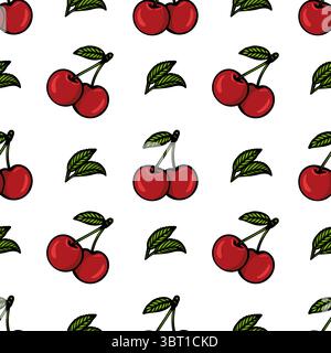 Un motif vectoriel sans couture avec des cerises rouges avec des feuilles vertes sur un fond blanc. Les cerises sont représentées dans diverses orientations, créant Illustration de Vecteur