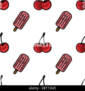 Un motif vectoriel sans couture avec popsicles et cerises sur un fond blanc. Les popsicles sont roses avec un bâton de bois, et les cerises sont bri Illustration de Vecteur