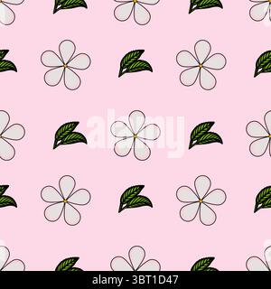 Un motif vectoriel sans couture avec des fleurs blanches avec des centres jaunes et des feuilles vertes sur un fond rose doux. Illustration de Vecteur