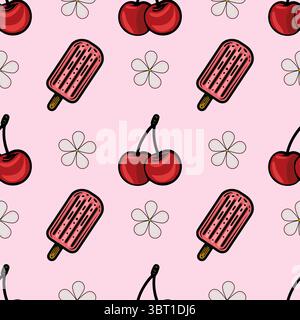 Un motif vectoriel ludique avec des popsicles et des cerises sur un fond rose, avec des fleurs blanches intercalées. Le design est coloré et fantaisiste, Illustration de Vecteur