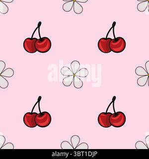 Un motif vectoriel sans couture avec des cerises rouges et des fleurs blanches sur un fond rose. Les cerises sont illustrées avec une finition brillante, tandis que le Illustration de Vecteur
