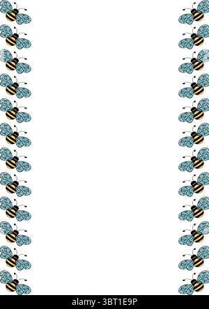 Une bordure décorative vectorielle représentant des abeilles illustrées avec des ailes bleues et des bandes jaunes, disposées verticalement des deux côtés d'un espace blanc vierge. Illustration de Vecteur