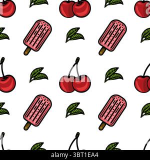 Un motif vectoriel sans couture avec des popsicles, des cerises et des feuilles vertes sur un fond blanc. Les popsicles sont roses avec un bâton en bois, tandis que le Illustration de Vecteur