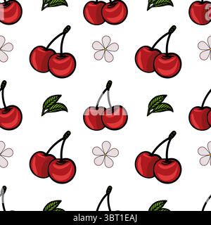 Un motif vectoriel sans couture avec des cerises rouges avec des feuilles vertes et de petits contours de fleurs sur un fond blanc. Illustration de Vecteur