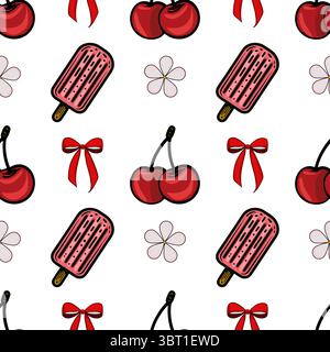 Un motif vectoriel ludique avec des popsicles, des cerises et des arcs sur un fond blanc. Le design comprend des cerises rouges, des popsicles roses avec saupoudrer Illustration de Vecteur