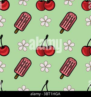 Un motif vectoriel ludique avec des popsicles, des cerises et des fleurs sur un fond vert clair. Le design est coloré et amusant, parfait pour l'été th Illustration de Vecteur