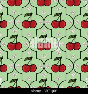 Un motif vectoriel répétitif avec des cerises rouges avec des feuilles vertes sur un fond vert clair, entrecoupées de petites fleurs blanches. Illustration de Vecteur