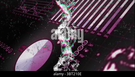 Affichage de la torsion de la chaîne de réseau de nœuds verticaux dans l'interface sombre, avec graphique circulaire et icônes de données Banque D'Images