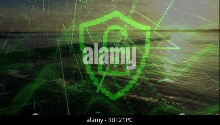 Affichage vert de bouclier pixelisé et icône de cadenas au-dessus de l'eau au crépuscule, avec des superpositions numériques Banque D'Images