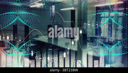 Affichage de superpositions de données financières flottant au-dessus de l'espace de bureau, montrant des graphiques en chandelier et en barres Banque D'Images