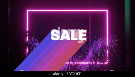 Cadre rectangulaire rose fluo brillant flottant sur toile de fond, avec rayures, feuilles de palmier, texte DE VENTE Banque D'Images