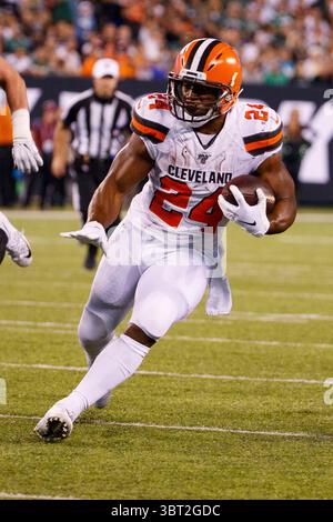 Le 16 septembre 2019, les Browns de Cleveland repoussent Nick Chubb (24 ans) en action lors du match NFL entre les Browns de Cleveland et les jets de New York au MetLife Stadium à East Rutherford, New Jersey. Christopher Szagola/CSM(image de crédit : &copy ; Chris Szagola/CSM via ZUMA Wire) Banque D'Images