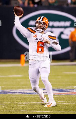 Le 16 septembre 2019, le quarterback des Browns de Cleveland Baker Mayfield (6 ans) en action lors du match NFL entre les Browns de Cleveland et les jets de New York au MetLife Stadium à East Rutherford, New Jersey. Christopher Szagola/CSM(image de crédit : &copy ; Chris Szagola/CSM via ZUMA Wire) Banque D'Images