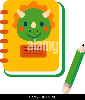Mignon cahier jaune et crayon avec motif visage de dinosaure Illustration de Vecteur
