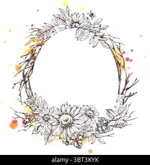 Couronne florale ovale élégante avec des éléments d'automne comme des fleurs et des feuilles dans un style d'illustration dessiné à la main, rehaussé d'éclaboussures d'encre et d'aquarelle Illustration de Vecteur