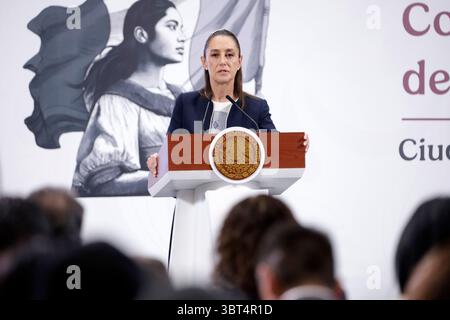 Mexico, Mexique. 14 juillet 2025. Le président mexicain Claudia Sheinbaum Pardo a déclaré que les déclarations faites par l'avocat de la défense d'Ovidio Guzman étaient irrespectueuses et qu'ils le poursuivraient pour diffamation lors d'une conférence d'information au Palais National. Le 14 juillet 2025 à Mexico, Mexique. (Photo de Luis Barron/ crédit : Eyepix Group/Alamy Live News Banque D'Images