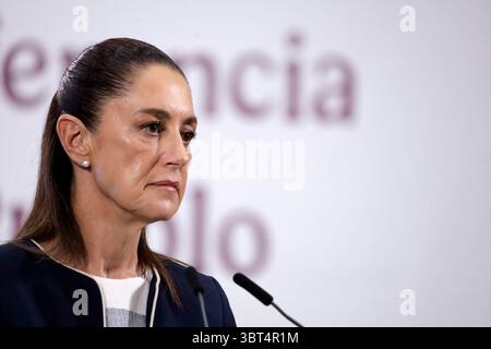 Mexico, Mexique. 14 juillet 2025. Le président mexicain Claudia Sheinbaum Pardo a déclaré que les déclarations faites par l'avocat de la défense d'Ovidio Guzman étaient irrespectueuses et qu'ils le poursuivraient pour diffamation lors d'une conférence d'information au Palais National. Le 14 juillet 2025 à Mexico, Mexique. (Photo de Luis Barron/ crédit : Eyepix Group/Alamy Live News Banque D'Images
