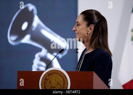 Mexico, Mexique. 14 juillet 2025. Le président mexicain Claudia Sheinbaum Pardo a déclaré que les déclarations faites par l'avocat de la défense d'Ovidio Guzman étaient irrespectueuses et qu'ils le poursuivraient pour diffamation lors d'une conférence d'information au Palais National. Le 14 juillet 2025 à Mexico, Mexique. (Photo de Luis Barron/ crédit : Eyepix Group/Alamy Live News Banque D'Images