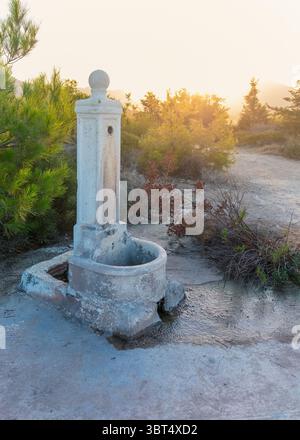 Fontaine d'eau en pierre entourée d'un feuillage vibrant pendant l'heure dorée, créant une atmosphère sereine et pittoresque. Grèce, île de Rhodes, Banque D'Images
