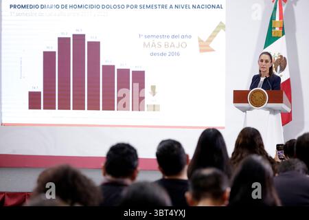Mexico, Mexique. 14 juillet 2025. Le président mexicain Claudia Sheinbaum Pardo a déclaré que les déclarations faites par l'avocat de la défense d'Ovidio Guzman étaient irrespectueuses et qu'ils le poursuivraient pour diffamation lors d'une conférence d'information au Palais National. Le 14 juillet 2025 à Mexico, Mexique. (Photo de Luis Barron/Eyepix Group/Sipa USA) crédit : Sipa USA/Alamy Live News Banque D'Images