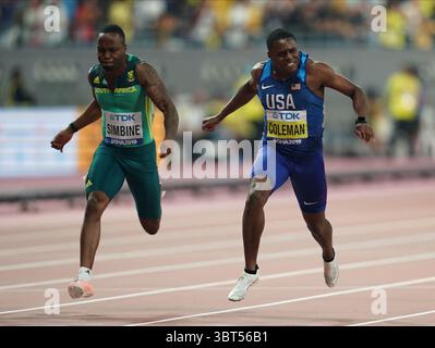28 septembre 2019 : Christian Coleman des États-Unis remporte le 100 mètres pour les hommes lors des 17e Championnats du monde d'athlétisme de l'IAAF au stade Khalifa à Doha, Qatar. Ulrik Pedersen/CSM.(image de crédit : &copy ; Ulrik Pedersen/CSM via ZUMA Wire) Banque D'Images