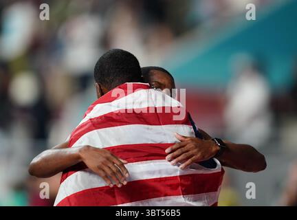 28 septembre 2019 : Christian Coleman des États-Unis remporte le 100 mètres pour les hommes lors des 17e Championnats du monde d'athlétisme de l'IAAF au stade Khalifa à Doha, Qatar. Ulrik Pedersen/CSM.(image de crédit : &copy ; Ulrik Pedersen/CSM via ZUMA Wire) Banque D'Images