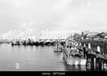 Blocus des serrures IJm blocus IJmuiden pays-Bas, Whizgle News, Dutch Desk, pays-Bas, 1950 - 2000 on 08-01-1990. Ces rubriques sont illustrées dans l'image. La scène représente un front de mer animé, caractérisé par une rangée de bateaux de pêche ancrés le long de la jetée. Les bateaux, portant une variété de couleurs mais principalement des teintes sombres, présentent des finitions altérées qui reflètent leur nature travailleuse. Certains ont des drapeaux flottant dans la brise, ajoutant des éclaboussures de couleur sur la toile de fond monochromatique. L'eau est calme, reflétant les bateaux et le ciel nuageux au-dessus, créant un b harmonieux Banque D'Images