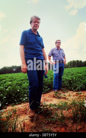 15 juin 1976 - Plains, Géorgie, États-Unis - (photo au dossier : 1976. Date exacte inconnue.) Le candidat démocrate à la présidence JIMMY CARTER et son frère Billy carter dans un de leurs champs d’arachides à la périphérie de Plains, en Géorgie. (Crédit image : © Ken Hawkins/ZUMApress.com) Banque D'Images
