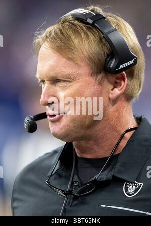 29 septembre 2019 : Jon Gruden, entraîneur-chef des Oakland Raiders, lors d'un match de football NFL entre les Oakland Raiders et les Indianapolis Colts au Lucas Oil Stadium à Indianapolis, Indiana. Oakland bat Indianapolis 31-24. John Mersits/CSM.(image de crédit : © John Mersits/CSM via ZUMA Wire) Banque D'Images