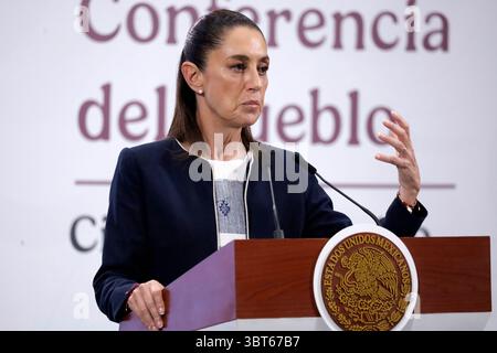 Mexico, Mexique. 14 juillet 2025. Le président mexicain Claudia Sheinbaum Pardo a déclaré que les déclarations faites par l'avocat de la défense d'Ovidio Guzman étaient irrespectueuses et qu'ils le poursuivraient pour diffamation lors d'une conférence d'information au Palais National. Le 14 juillet 2025 à Mexico, Mexique. (Crédit image : © Luis Barron/eyepix via ZUMA Press Wire) USAGE ÉDITORIAL SEULEMENT ! Non destiné à UN USAGE commercial ! Crédit : ZUMA Press, Inc/Alamy Live News Banque D'Images
