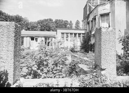 Extérieur Maison de campagne Kareol Aerdenhout Van Lennepweg, Whizgle News, Dutch Desk, pays-Bas, 1950 - 2000 sur 30-06-1977. Voici les rubriques de l'image. La scène représente une structure architecturale abandonnée, mettant en valeur un mélange de décomposition et de récupération de la nature. Au premier plan, des restes d'un mur de béton s'élèvent, partiellement recouverts de vignes vertes rampantes qui indiquent une longue absence d'entretien humain. La texture rugueuse du béton contraste fortement avec la flore, qui remplit l'espace d'arbustes envahis et de plantes sauvages, créant un sentiment de beauté sauvage au milieu de la négligence. À t Banque D'Images