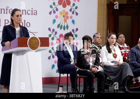 Mexico, Mexique. 14 juillet 2025. Le président mexicain Claudia Sheinbaum Pardo a déclaré que les déclarations faites par l'avocat de la défense d'Ovidio Guzman étaient irrespectueuses et qu'ils le poursuivraient pour diffamation lors d'une conférence d'information au Palais National. Le 14 juillet 2025 à Mexico, Mexique. (Crédit image : © Luis Barron/eyepix via ZUMA Press Wire) USAGE ÉDITORIAL SEULEMENT ! Non destiné à UN USAGE commercial ! Crédit : ZUMA Press, Inc/Alamy Live News Banque D'Images