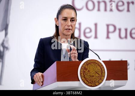 Mexico, Mexique. 14 juillet 2025. Le président mexicain Claudia Sheinbaum Pardo a déclaré que les déclarations faites par l'avocat de la défense d'Ovidio Guzman étaient irrespectueuses et qu'ils le poursuivraient pour diffamation lors d'une conférence d'information au Palais National. Le 14 juillet 2025 à Mexico, Mexique. (Crédit image : © Luis Barron/eyepix via ZUMA Press Wire) USAGE ÉDITORIAL SEULEMENT ! Non destiné à UN USAGE commercial ! Crédit : ZUMA Press, Inc/Alamy Live News Banque D'Images