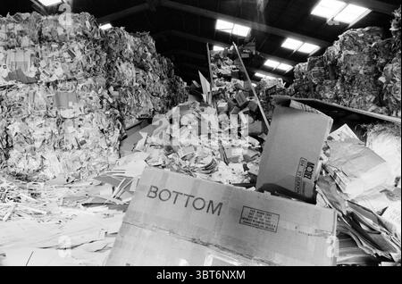 Paper trade Nijssen New Company Paper Factory and paper trade Nieuw-Vennep, Whizgle News, Dutch Desk, The Netherlands, 1950 - 2000 on 19-08-1986. L'image contient ces rubriques. La scène se déroule dans un grand espace industriel rempli de piles imposantes de carton comprimé et de papier, formant des montagnes de déchets dans différentes nuances de gris et de brun. L'ambiance est lourde et quelque peu chaotique, avec le désordre des matériaux créant un sentiment d'encombrement. Au premier plan, des boîtes en carton aplaties sont éparpillées sur le sol inégal, certaines froissées et déchirées, tandis que d'autres reposent à plat, faisant allusion à t Banque D'Images
