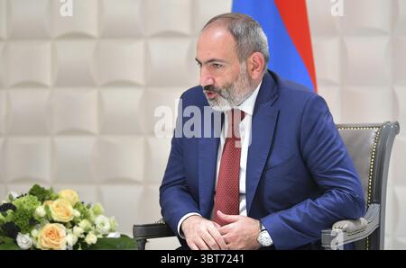 1er octobre 2019, Erevan, Arménie : le premier ministre arménien Nikol Pashinian lors d'une réunion bilatérale avec le président russe Vladimir Poutine en marge du Conseil économique eurasien le 1er octobre 2019 à Erevan, Arménie. (Crédit image : © Alexei Druzhinin via ZUMA Wire) Banque D'Images