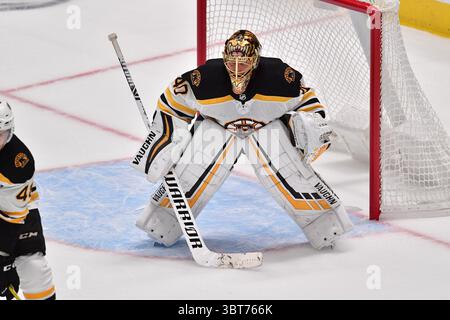 Le gardien de but Tuukka Rask (40) des Boston Bruins en action lors d'un match de la LNH entre les Bruins de Boston et les Stars de Dallas au American Airlines Center à Dallas, Texas, 3e oct., 2019.(Manny Flores/Cal Sport Media) Banque D'Images
