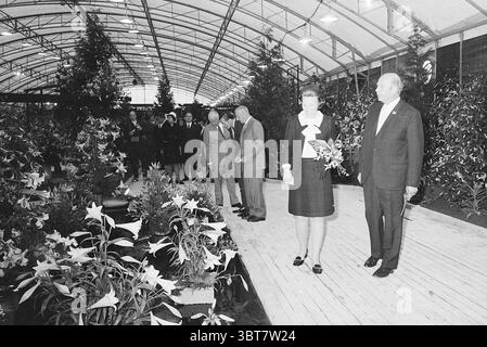 Ouverture Liliade Opening Openings Commissioning, Whizgle News, Dutch Desk, pays-Bas, 1950 - 2000 on 01-07-1970. Ces rubriques sont illustrées dans l'image. La scène se déroule dans une grande serre remplie de verdure luxuriante et d'un éventail de fleurs en fleurs. L'atmosphère est vivante mais sereine, renforcée par la lumière naturelle qui traverse le toit transparent, projetant des ombres douces sur le sol en bois lisse. Un groupe d'individus est rassemblé au centre, vêtu d'une tenue formelle. Les hommes portent des costumes sombres, et les femmes sont élégamment habillées, ajoutant une touche de sophistication au décor. Banque D'Images
