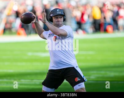 7 octobre 2019 : le quarterback des Browns de Cleveland Baker Mayfield (6 ans) avant le match de football NFL entre les Steelers de Pittsburg et les 49ers de San Francisco au Levi's Stadium de Santa Clara, CA. Les 49ers battent les Steelers 24-20. Damon Tarver/Cal Sport Media(image de crédit : &copy ; Damon Tarver/CSM via ZUMA Wire) Banque D'Images