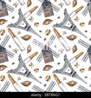 Motif sans couture avec des pâtisseries françaises. Illustration d'aquarelle dessinée à la main. Baguette française, biscuit aux amandes, croissant, Tour Eiffel et mill. Pour Banque D'Images