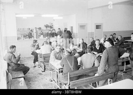 Interior Canteen Fish Factory Buildings Interior, Whizgle News, Dutch Desk, pays-Bas, 1950 - 2000 on 01-10-1963. Ces rubriques apparaissent dans l'image. La scène capture un espace repas commun, caractérisé par un design dur et utilitaire. L'intérieur est marqué par des murs pâles et un sol carrelé qui dégage un sentiment de simplicité et de fonctionnalité. Un éclairage doux et diffus illumine la pièce, mettant en valeur la palette de couleurs discrète dominée par les gris et les blancs. Au premier plan, plusieurs longues tables et bancs en bois sont occupés par des groupes d'hommes engagés dans la conversation. Leurs vêtements sont pra Banque D'Images