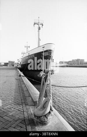 Ship Damask Rose IJmuiden IJmuiden pays-Bas, Whizgle News, Dutch Desk, pays-Bas, 1950 - 2000 le 13-01-1993. L'image contient ces rubriques. La scène montre un grand navire, ancré bien en vue à un quai. Sa coque est peinte dans une palette noire et blanche, créant un contraste fort avec les tons clairs de l'eau et de l'environnement environnant. Le navire monte haut, avec plusieurs mâts qui s'étendent vers le ciel, indiquant peut-être qu'il est prêt à naviguer. Au premier plan, une corde épaisse est attachée au navire, enroulée sur le quai, sa texture soulignant le nautique Banque D'Images