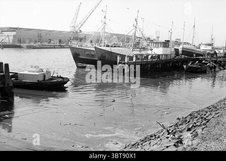 Navires de pêche dans le port IJmuiden pays-Bas, Whizgle News, Dutch Desk, pays-Bas, 1950 - 2000 on 03-1968. Voici les rubriques de l'image. La scène présente un environnement portuaire paisible, principalement capturé dans des tons de noir et blanc, lui conférant une qualité intemporelle. Au premier plan, un petit bateau au design simple repose près du quai, sa coque se reflétant doucement sur l’eau calme. Le long du quai, plusieurs bateaux de pêche plus grands sont amarrés. Leurs structures robustes et leurs surfaces altérées suggèrent des années de service. Les bateaux affichent une variété de formes et de tailles, avec Banque D'Images