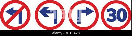 Panneau de signalisation routière flèche direction Vector Set — tournez à gauche à droite sans accès symboles de limite de vitesse pour la sécurité routière et routière Illustration de Vecteur