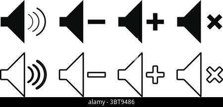 Ensemble de vecteurs d'icônes de contrôle du volume et du son — augmenter la sourdine des haut-parleurs diminuer les symboles audio pour l'interface utilisateur et la conception multimédia Illustration de Vecteur