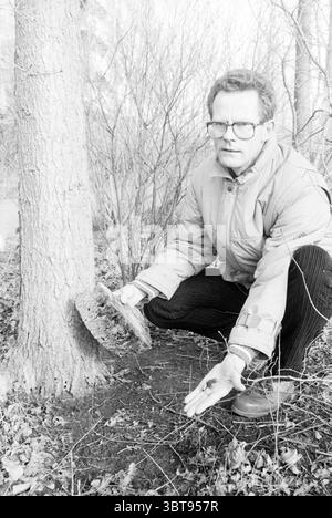 Mr. Gulik Wood and Parks Service for Affected Trees Trees, Whizgle News, Dutch Desk, pays-Bas, 1950 - 2000 on 19-02-1988. Ces rubriques sont illustrées dans l'image. Dans une zone boisée, un homme est accroupi près de la base d'un arbre. Il semble être à la fin de la quarantaine, vêtu d'une veste de couleur claire avec un col haut, complété par un pantalon sombre et des chaussures robustes. Son expression est sérieuse, suggérant qu'il est concentré sur la tâche à accomplir. Le tronc de l'arbre est texturé et rugueux, montrant les subtilités de son écorce. Une section de l'arbre semble avoir de l'écorce qui s'écaille ou a été enlevée, révéler Banque D'Images