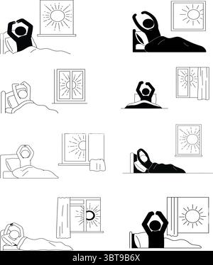 Morning routine Silhouette Vector Set avec lumière du soleil et poses de lit Illustration de Vecteur
