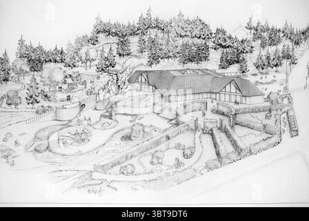 Paradis des vacances de dessin en France dessins, Whizgle News, Dutch Desk, pays-Bas, 1950 - 2000 le 17-01-1989. Voici les rubriques de l'image. Dans la scène, un paysage tentaculaire est présenté, avec une structure magnifiquement conçue qui se fond harmonieusement avec l'environnement environnant. Le bâtiment a un style architectural moderne avec un mélange d'éléments angulaires et courbés, complété par un toit en pente qui s'étend vers l'extérieur. L'extérieur est principalement une palette discrète de tons terreux, s'harmonisant avec le vert luxuriant des arbres et arbustes environnants. Entourant le Banque D'Images