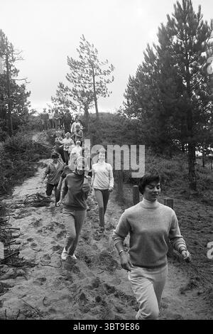 Formation chez CIO Training, Whizgle News, Dutch Desk, pays-Bas, 1950 - 2000 le 05-10-1967. L'image inclut ces rubriques. Dans un cadre naturel marqué par un chemin de terre sinueux menant à une pente douce, un groupe animé d'individus se fraie un chemin à travers un paysage rempli de pins hauts et minces. La scène est placée sur fond de ciel couvert, offrant une lumière douce et diffuse qui rehausse les tons terreux autour. Les personnes présentes dans la scène sont engagées dans une activité énergique, peut-être la randonnée ou la course à pied. Ils sont habillés dans des vêtements décontractés et confortables qui contrastent subtilement Banque D'Images