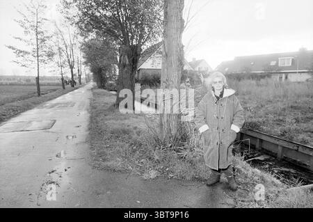 MRS Planting from landje, Whizgle News, Dutch Desk, pays-Bas, 1950 - 2000 on 30-10-1990. Ces rubriques sont illustrées dans l'image. Dans cette scène, une figure solitaire se tient à côté d'un chemin étroit, qui est bordé de grands arbres minces qui s'étendent vers le haut dans un ciel gris nuageux. Le réglage transmet une sensation de temps couvert, avec des tons discrets dominant la palette. Le sentier est humide, reflétant le gris ci-dessus, suggérant une pluie récente. Le personnage, un adulte plus âgé, est habillé d'un manteau surdimensionné qui drape lâchement, donnant un sentiment de confort contre le froid. La texture du pelage apparaît Banque D'Images